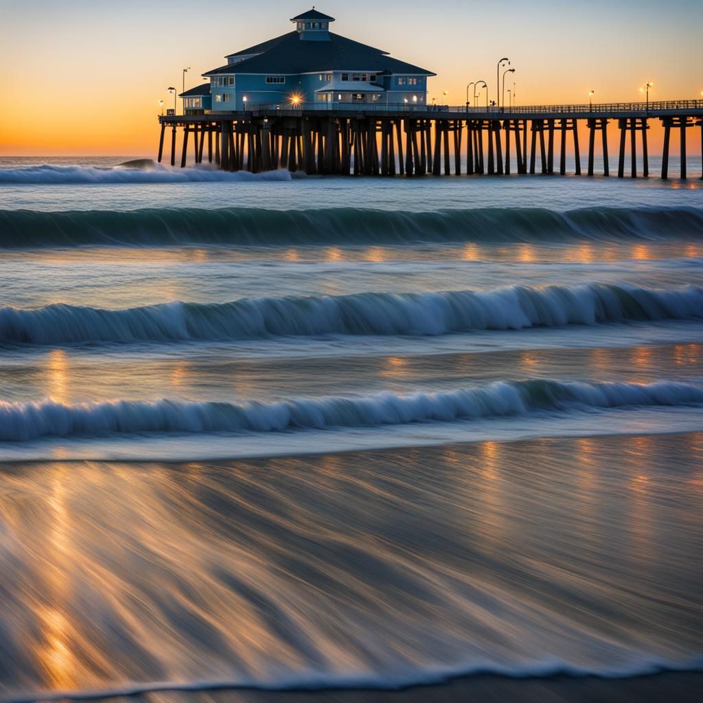 Beach Pier in Ocean Waves at Dawn