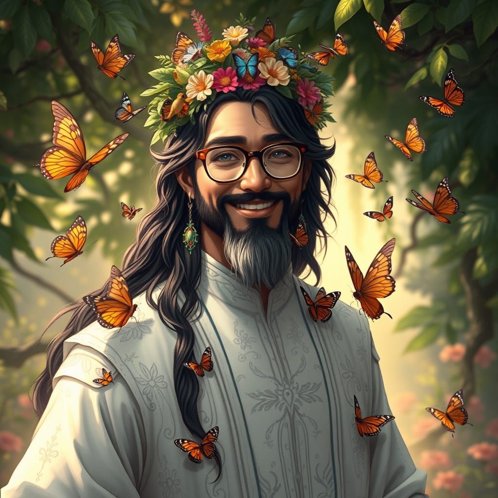Regal Gentleman Surrounded by Whimsical Butterflies in Natur...
