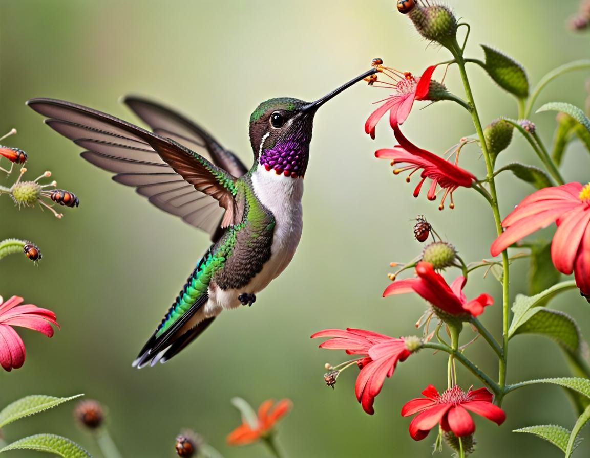 Hummingbird and Insects Sipping Nectar