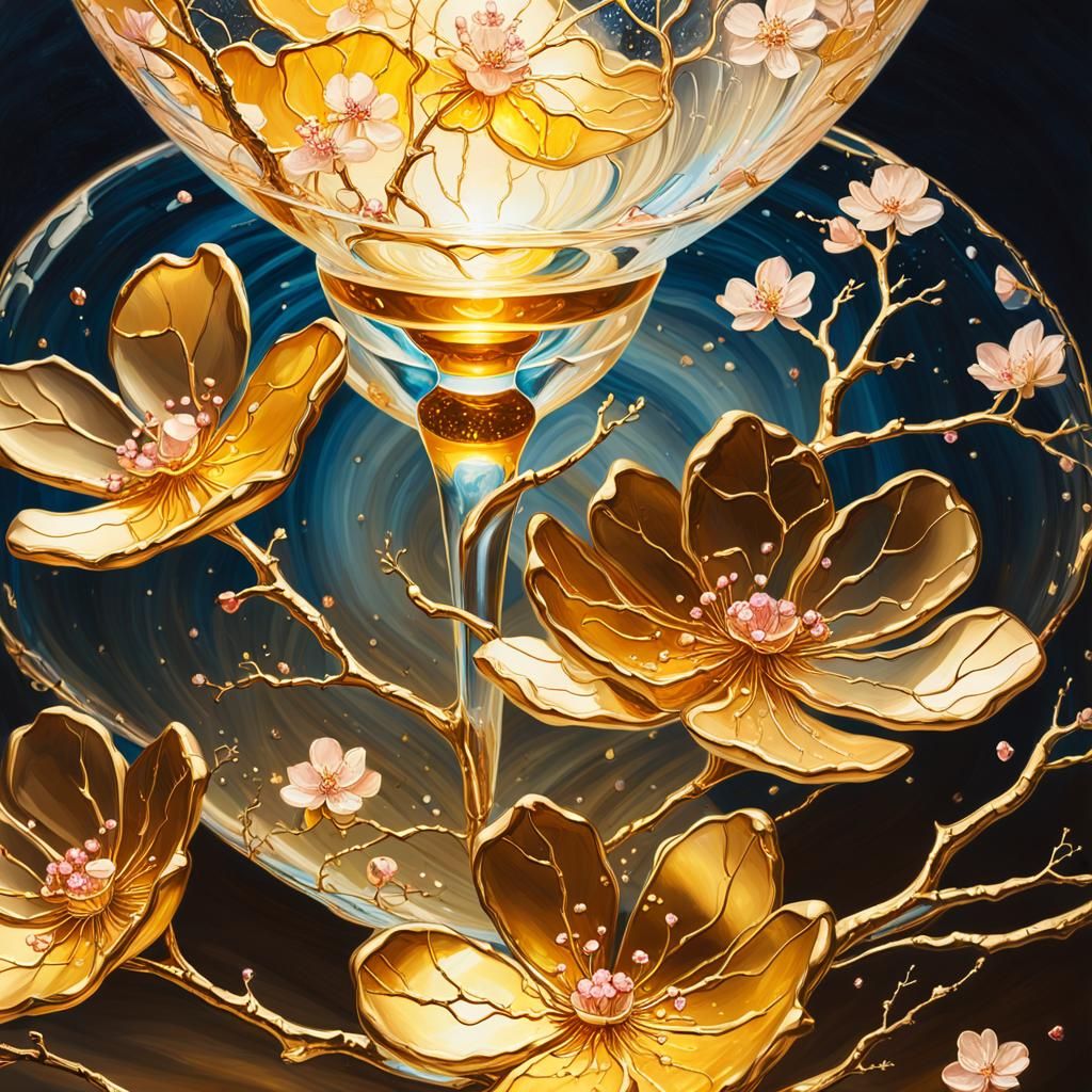 Bioluminescent Crystal Cherry Blossom in Kintsugi Style