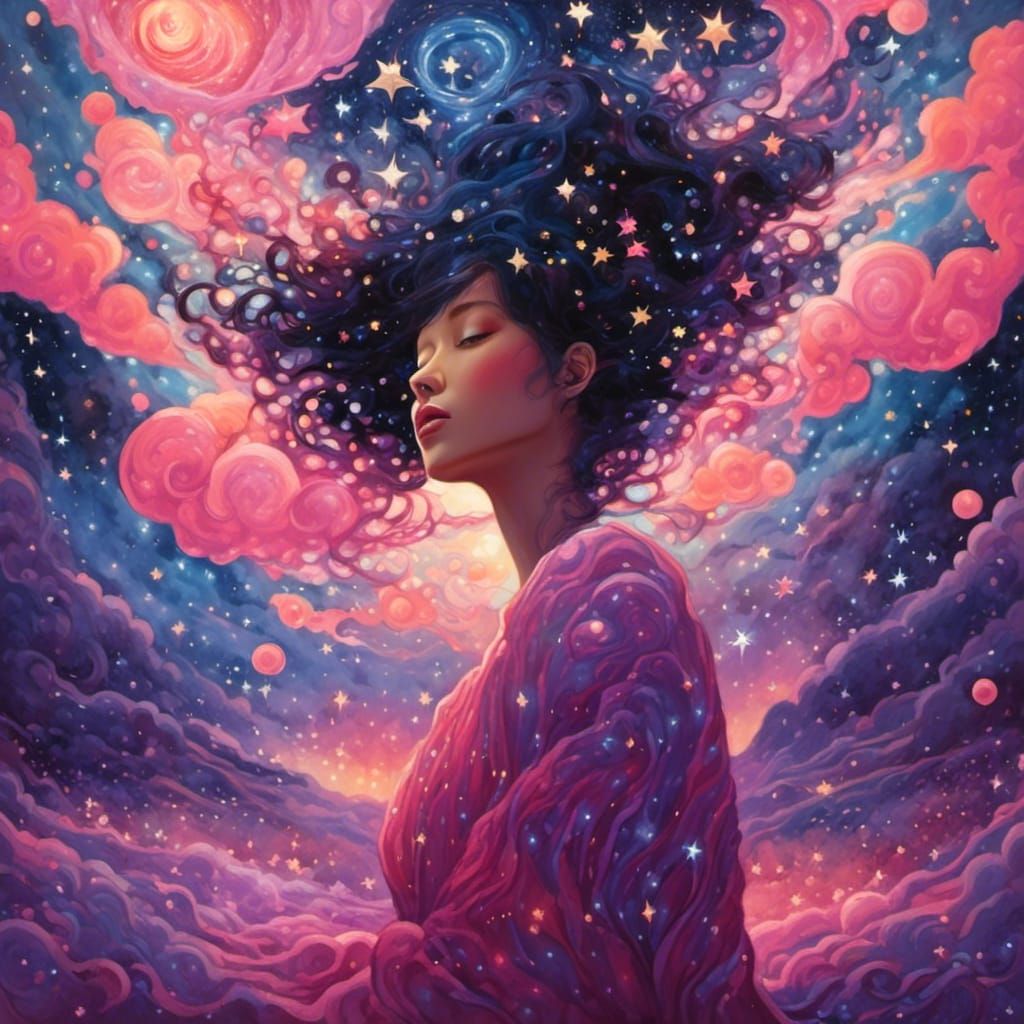 Anime Style Starry Woman: 3D Rendered Art