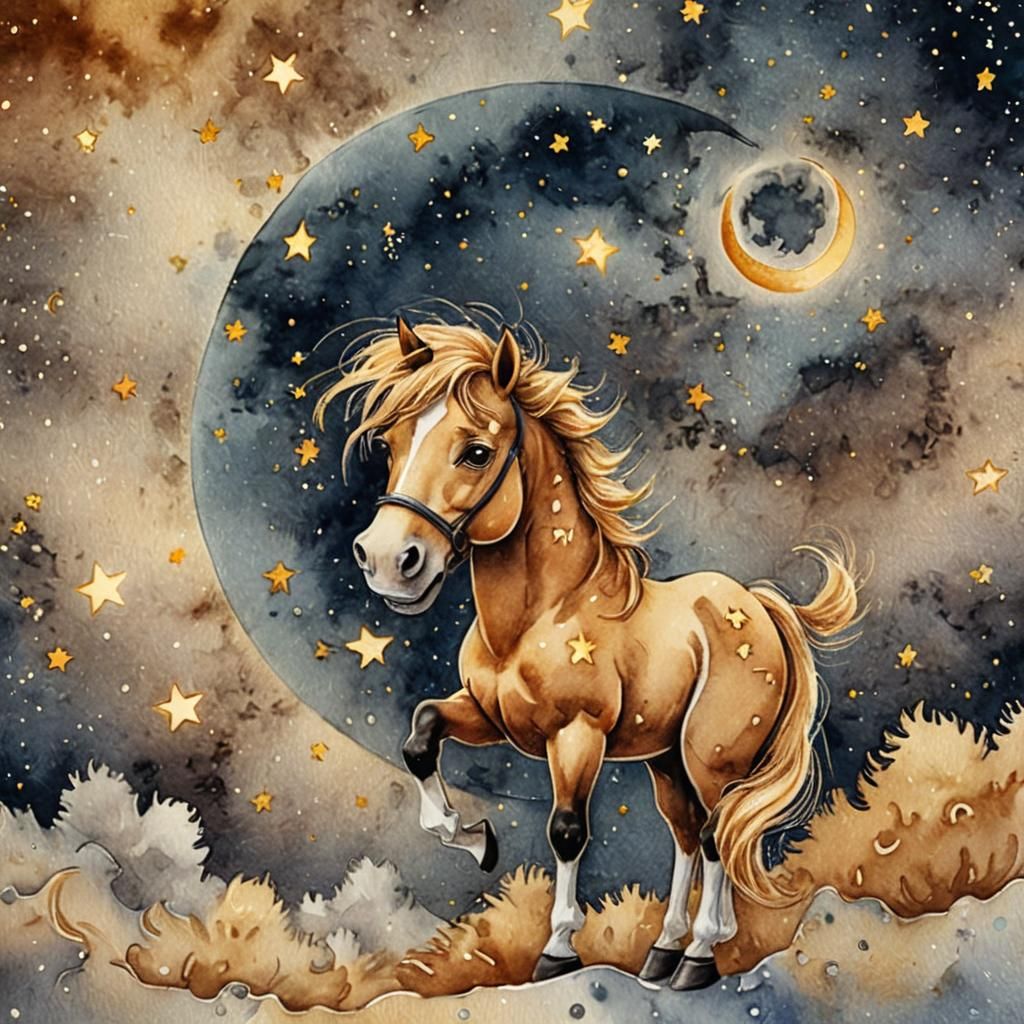 Cartoon horse sleeping on the moon