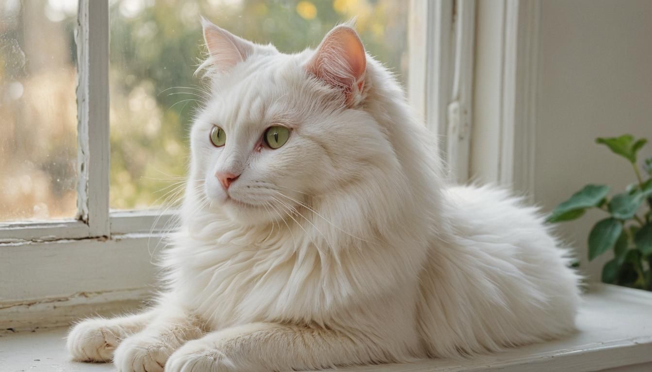White Cat on Windowsill as Impressionist Painting