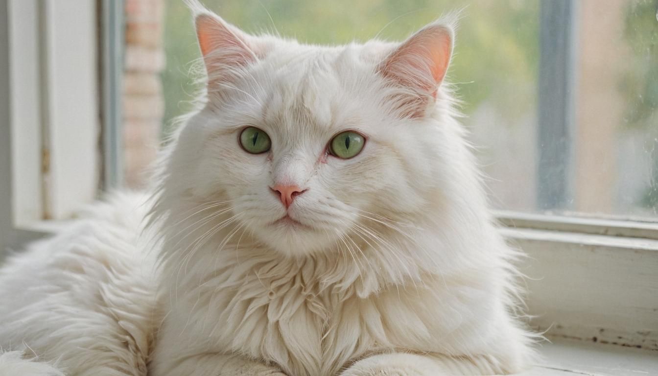 White Cat on Windowsill in Impressionist Style