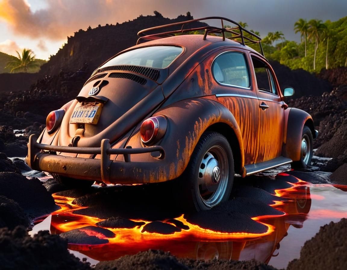 Burnt Beetle in Lava, Tropical Island at Sunset