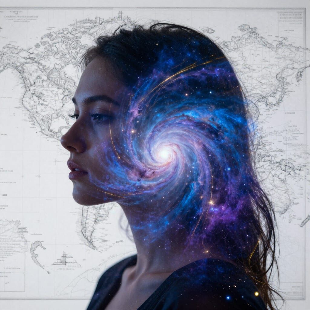 Surreal Double Exposure Portrait Merging Woman with Cosmic N...