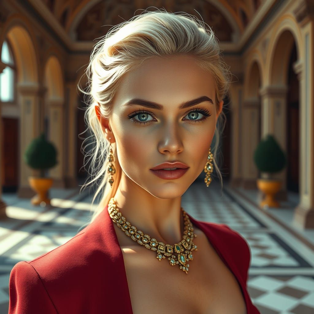 Elegant Woman in Palace Courtyard, High Fashion Photography