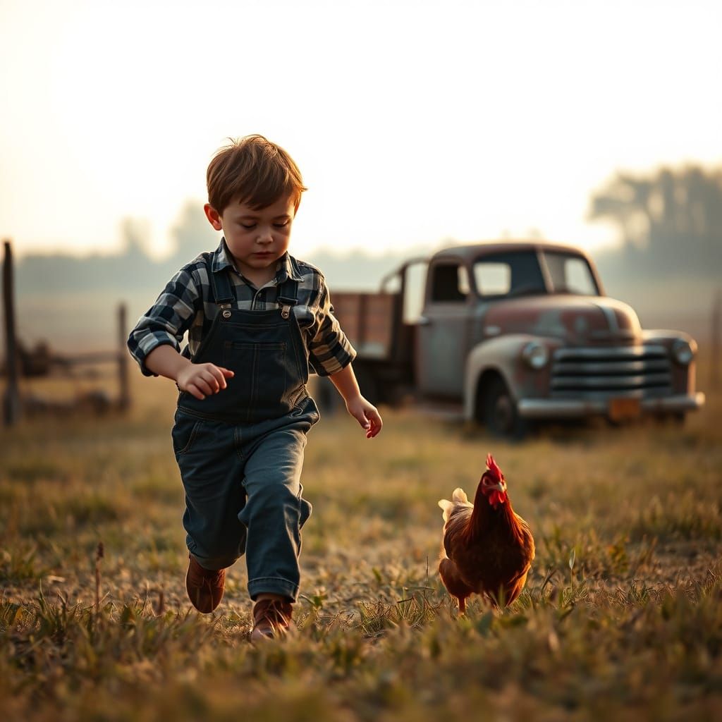 Boy Chases Chicken on Farm with Old Truck