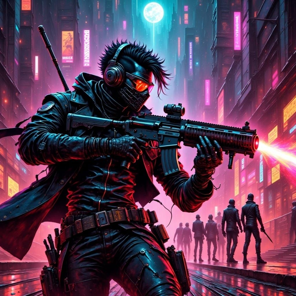 Cyberpunk Warrior Charges Corporate Barricade