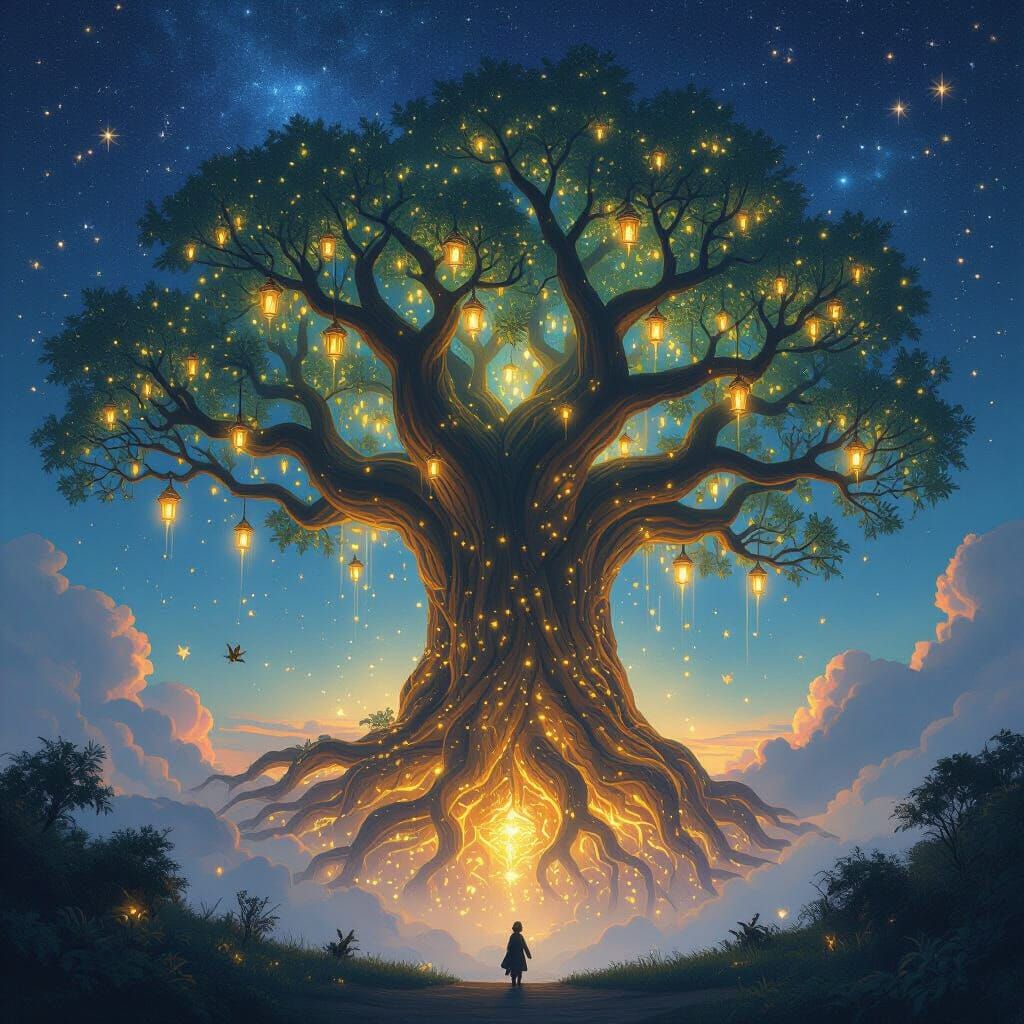 Bioluminescent Tree Reaches Starry Sky: Fantasy Art