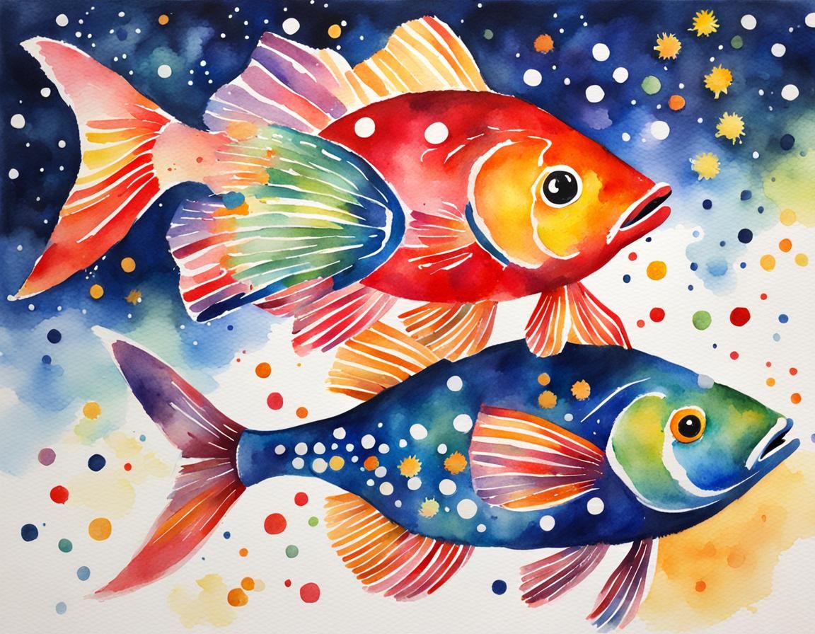 Impressionist Watercolor Fish Fireworks in Night Sky