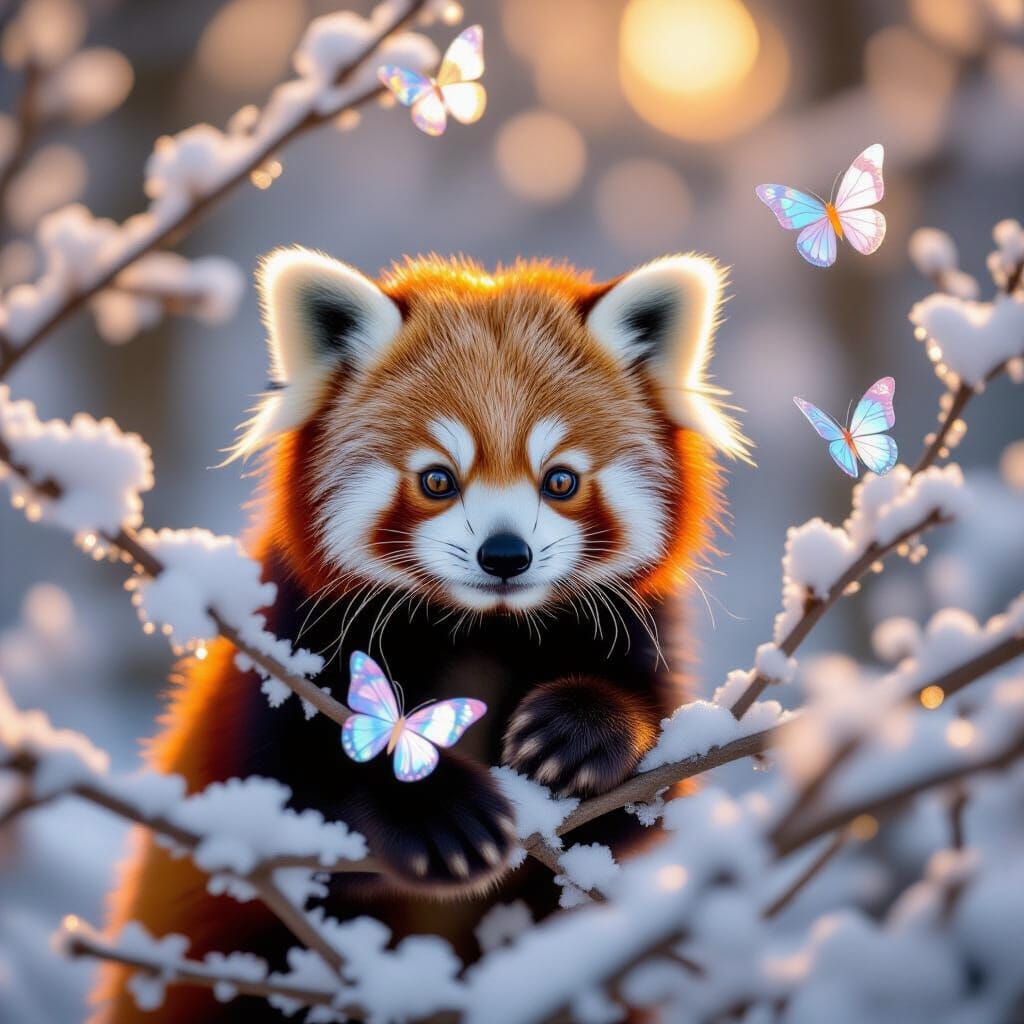 Curious Red Panda in Ethereal Winter Forest
