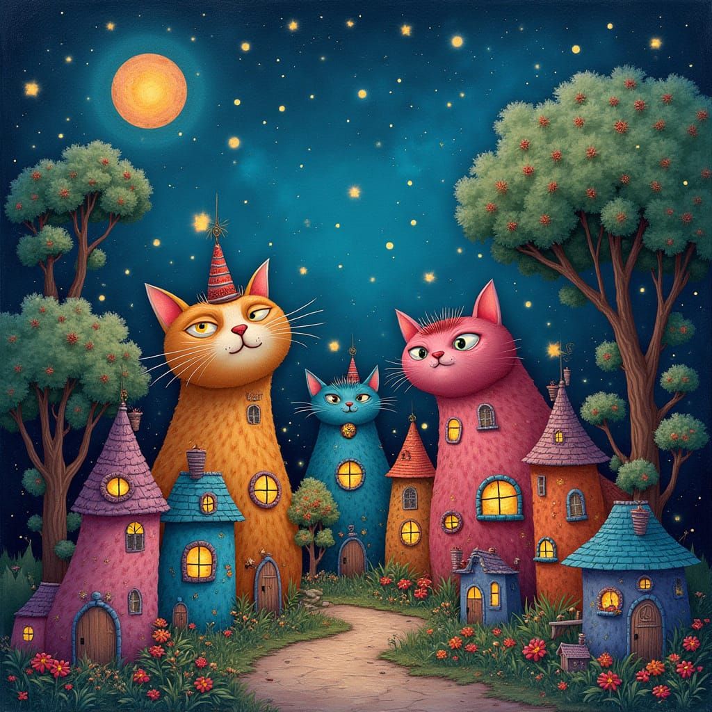 Enchanting Cat Village Artwork Under Starry Night Sky