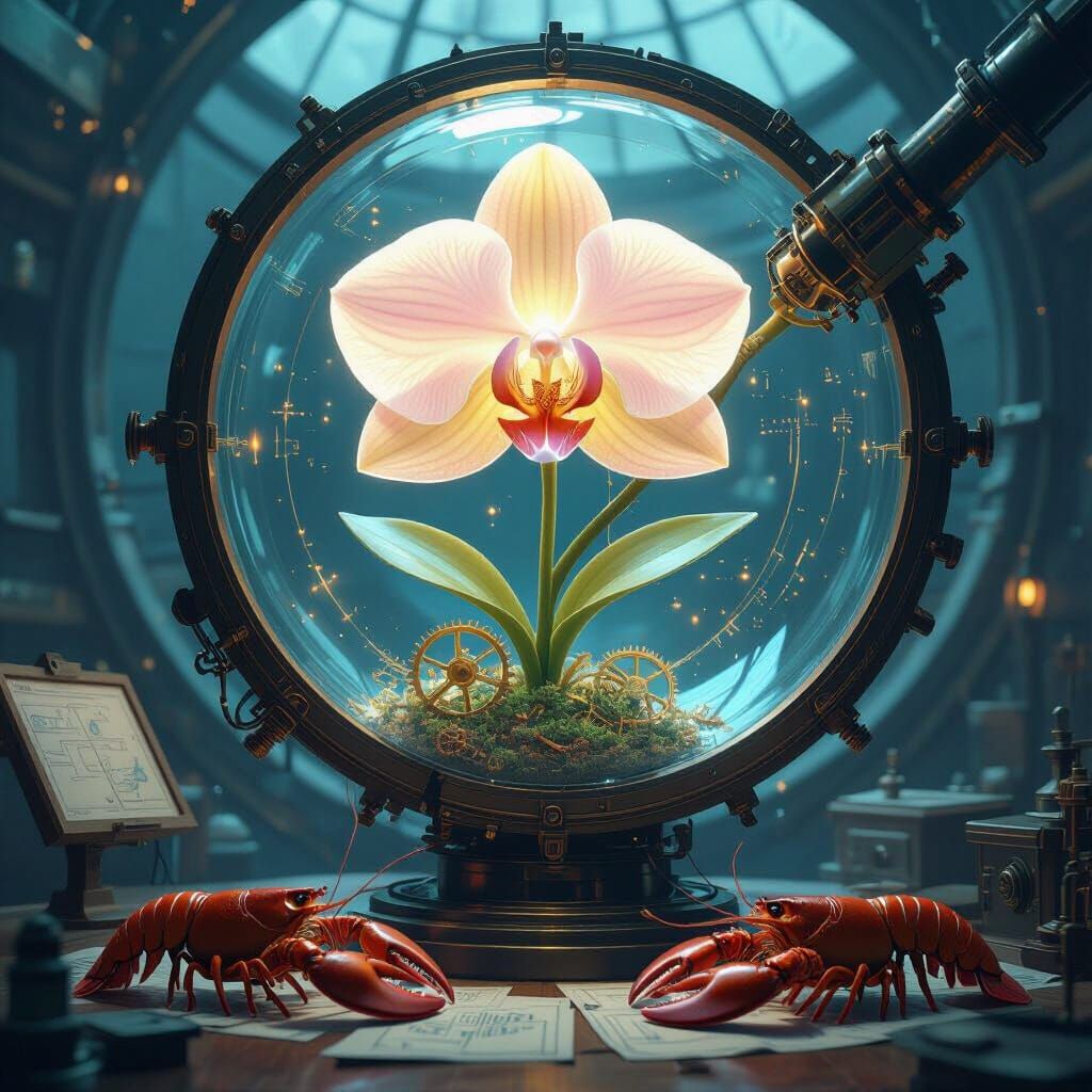 Orchid in Telescope with Lobsters, Digital Painting