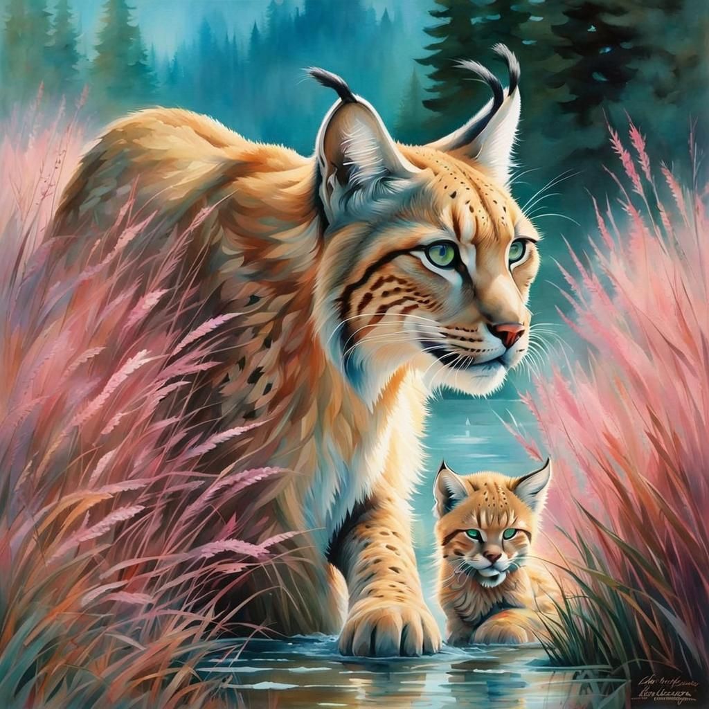Siberian Lynx and Cub in Watercolor Landscape