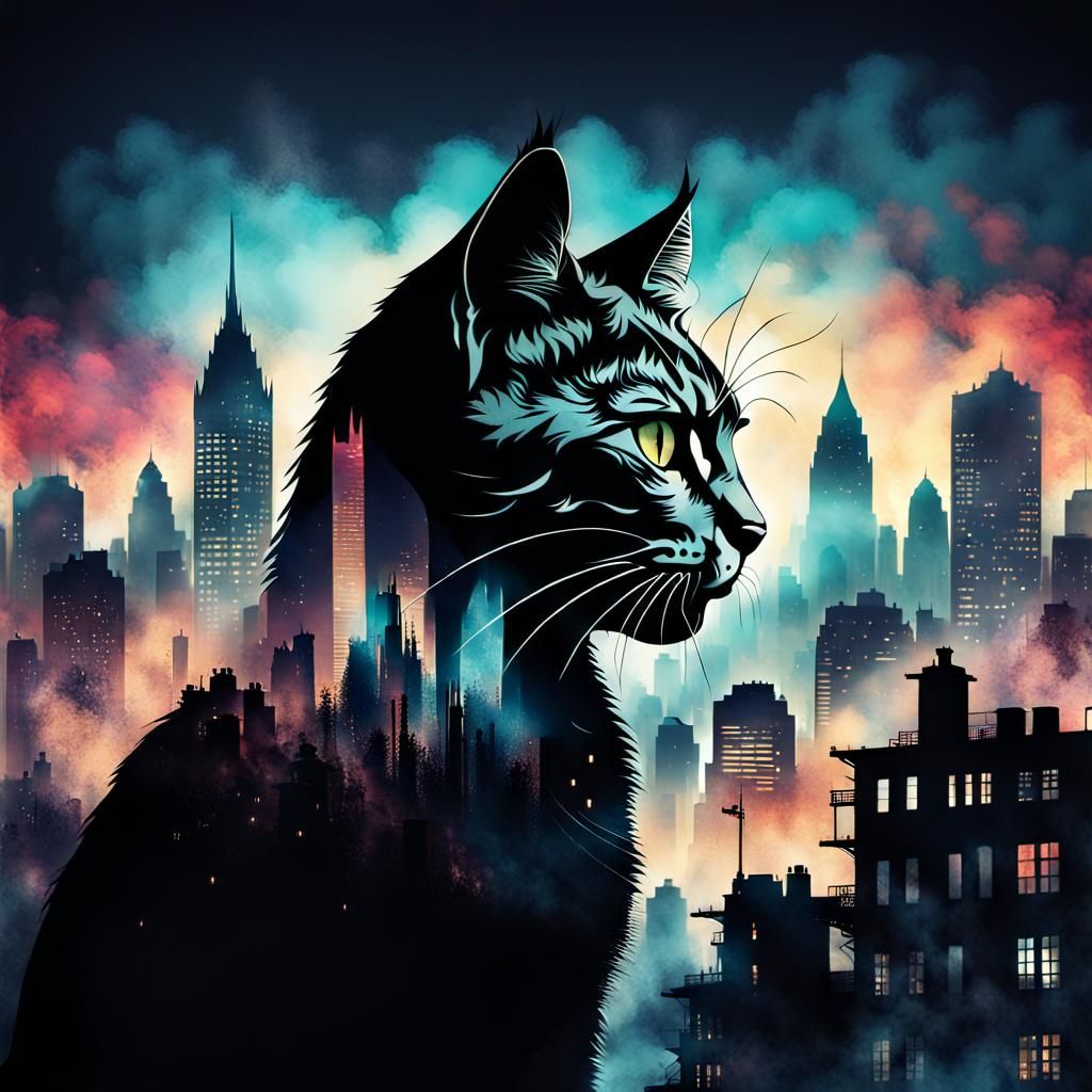 Feline Silhouette in Epic Grunge Cityscape