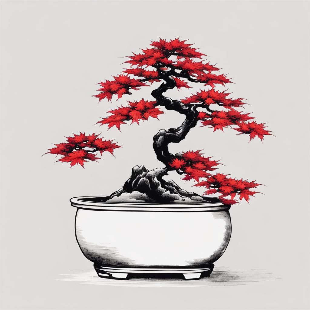 Red Maple Bonsai in Sumi-e Ink Painting Style