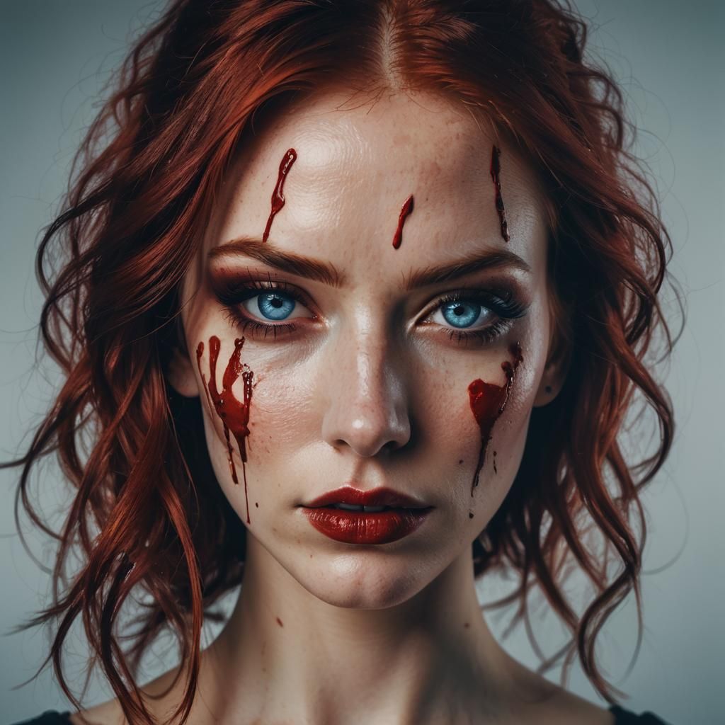Red Haired Woman Portrait with Blood in Cinematic Style