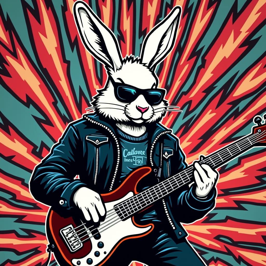 Heavy Metal Rabbit Bassist in Pop Art Style