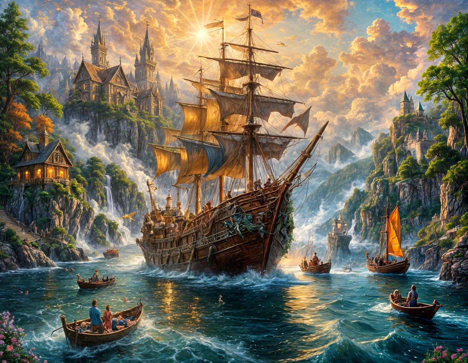 Unconventional Boats in Ethereal Maximalist Fantasy Landscap...