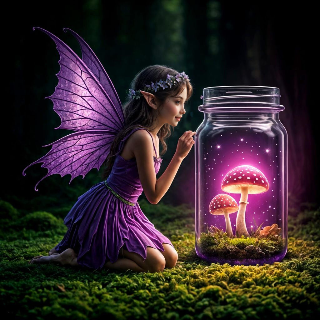Whimsical Fairy Contemplates Mystical Mushroom