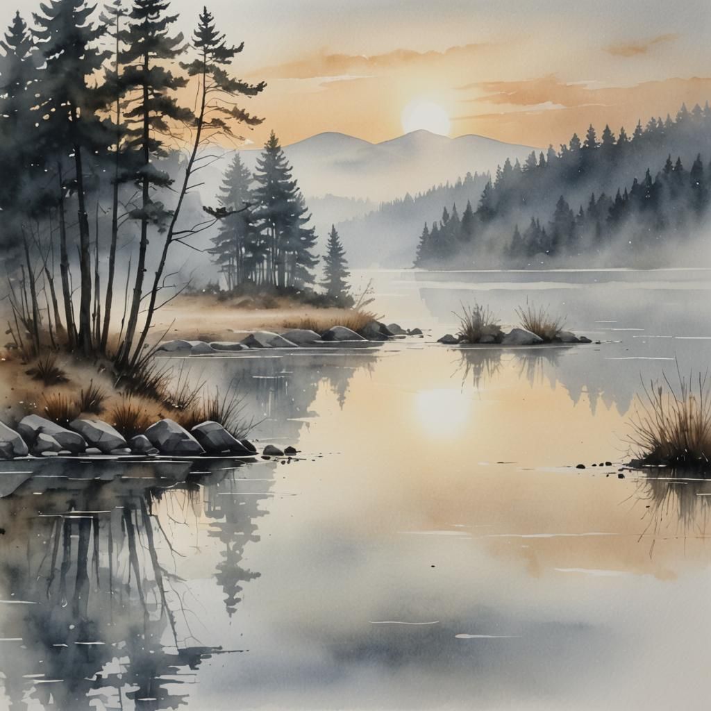Misty Sunrise Lake in Watercolor Style
