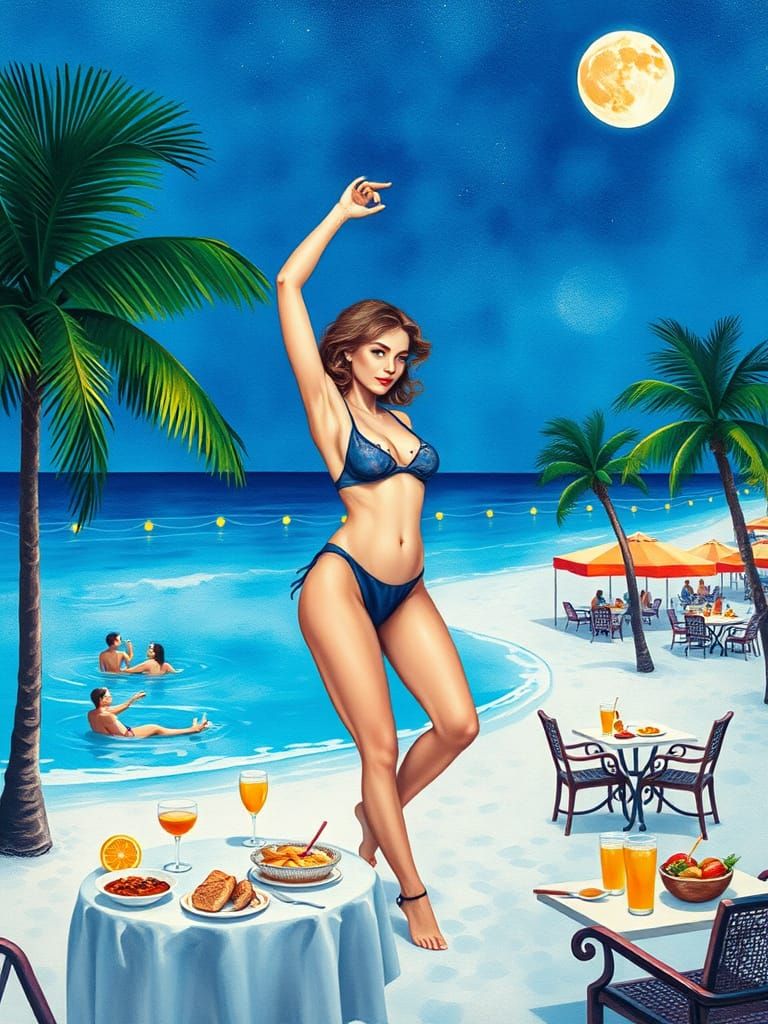 Glamorous Nighttime Beach Scene in Watercolor