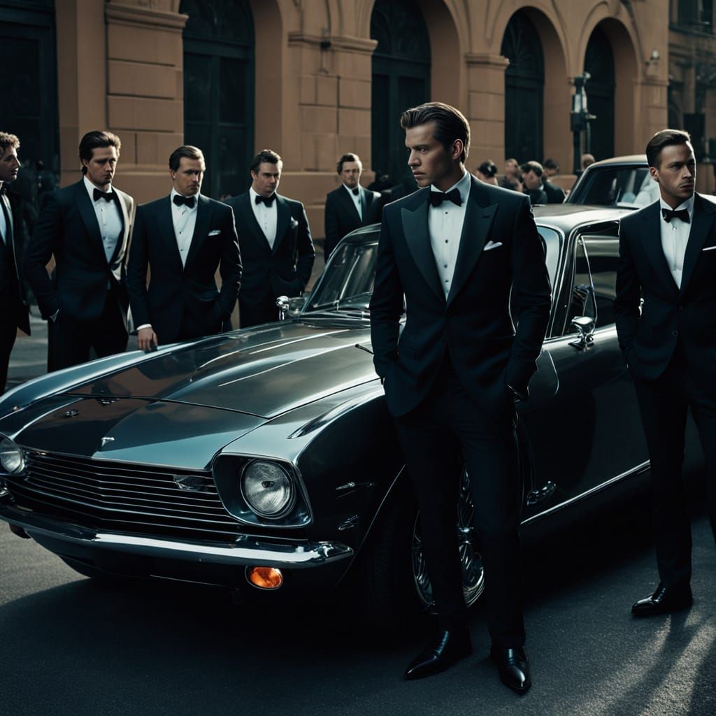 Men in Tuxedos Stand by Sports Car, Cinematic Film Still