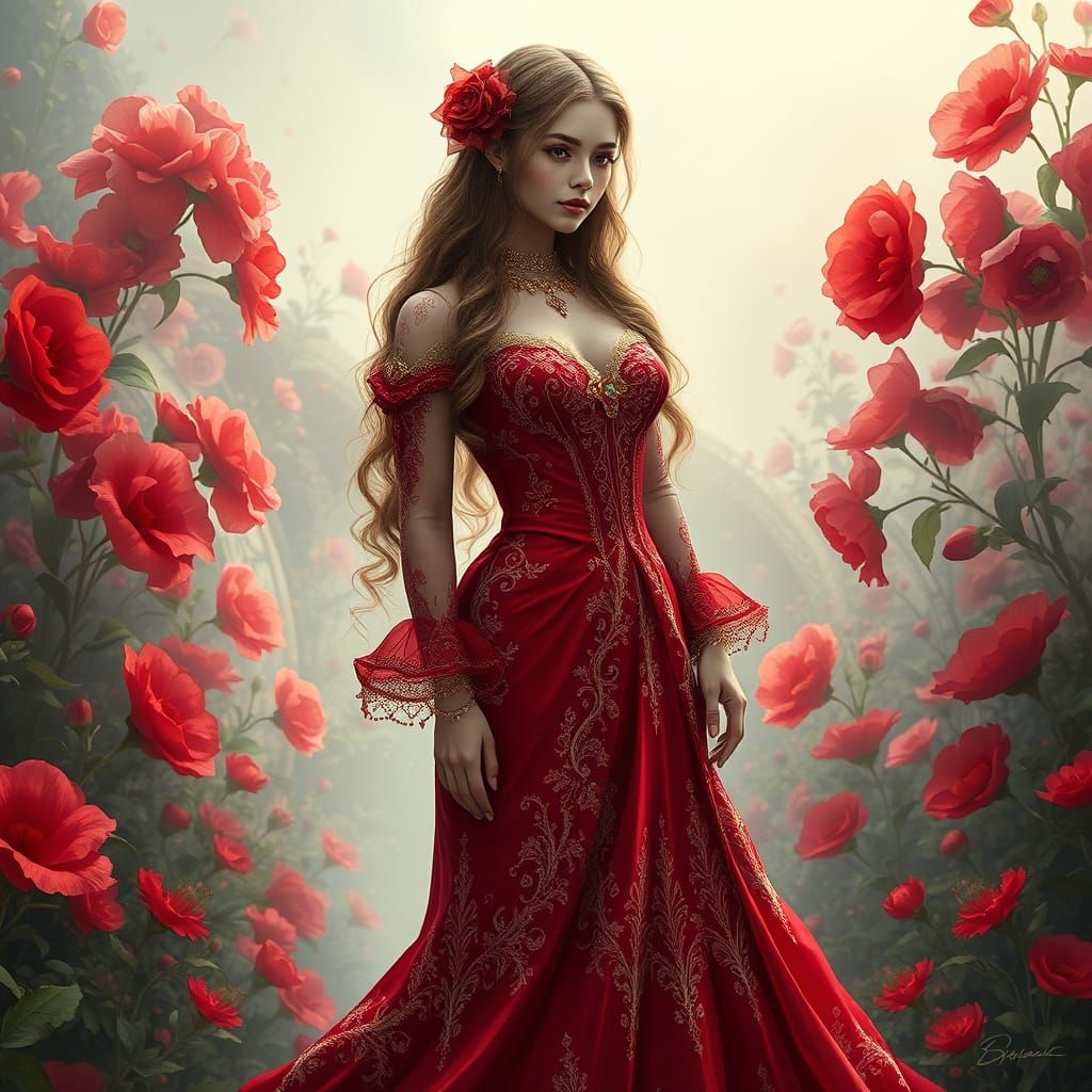 A stunning woman in a red, ornate dress stands in a surreal, floral landscape. Her flowing hair and intricate accessorie...