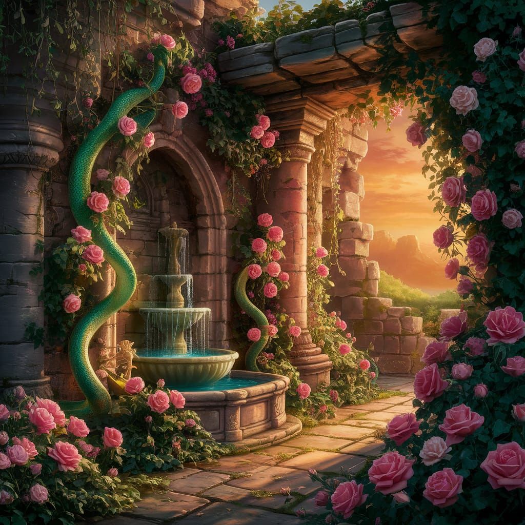 Secret Garden Temple Ruins as Digital Fantasy Art