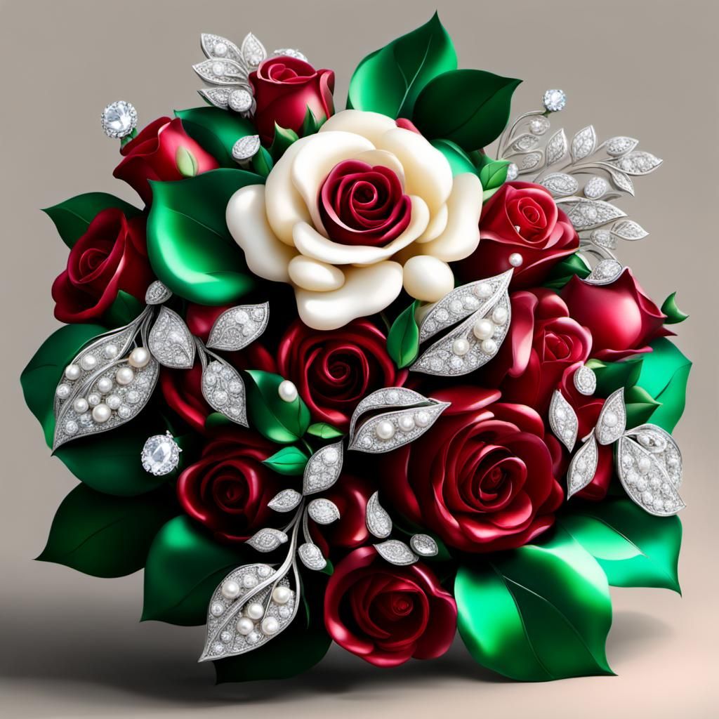 Jeweled Baroque Bouquet: Ruby Roses and Emerald Leaves