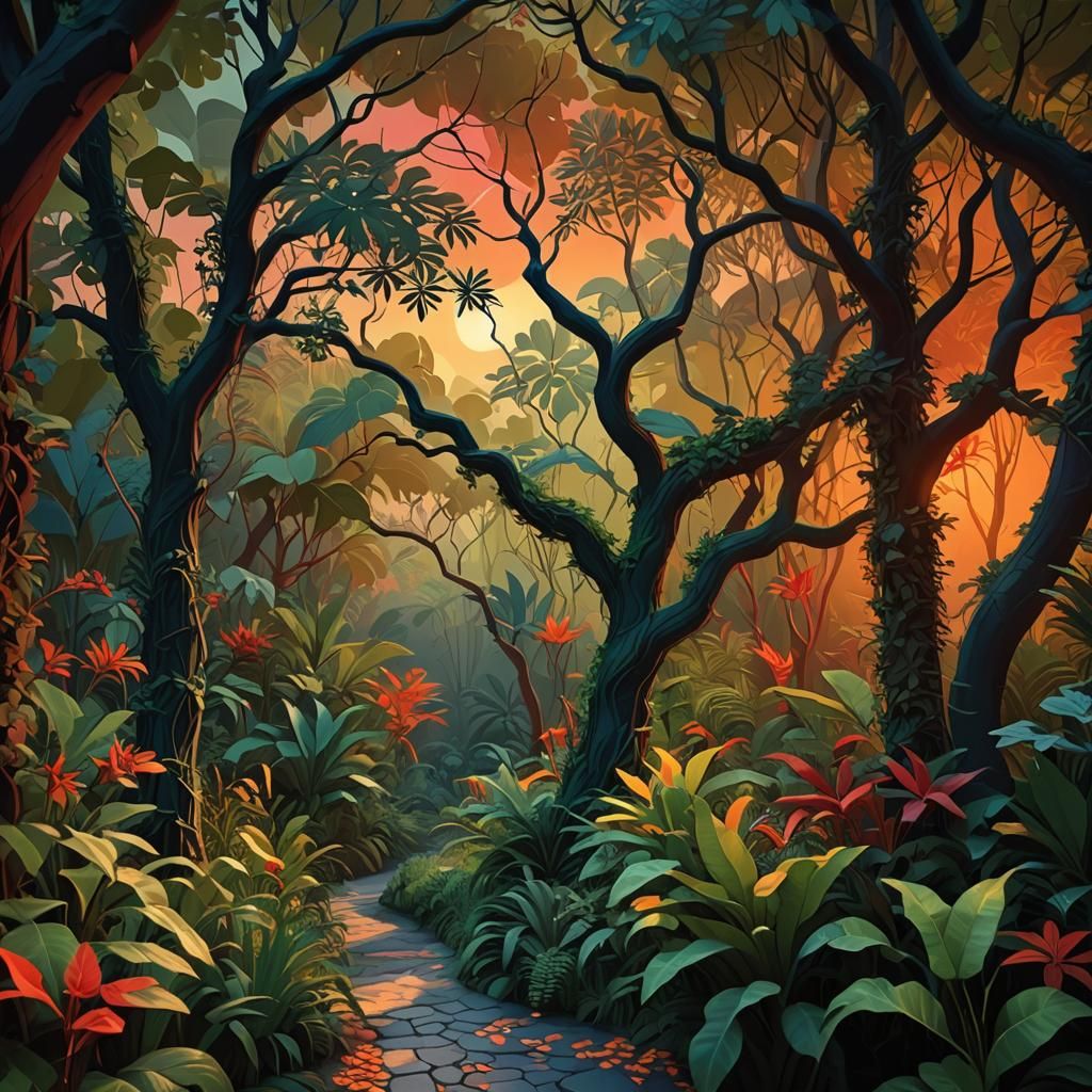 Exotic Jungle Wildlife Painting in Mannerist Style