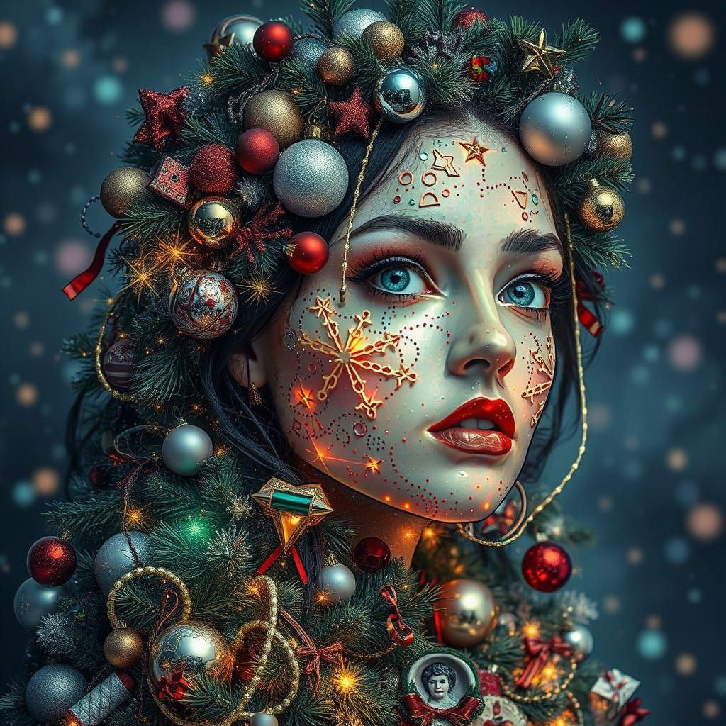 Christmas Goddess Born from Holiday Ornaments in Vibrant Cos...