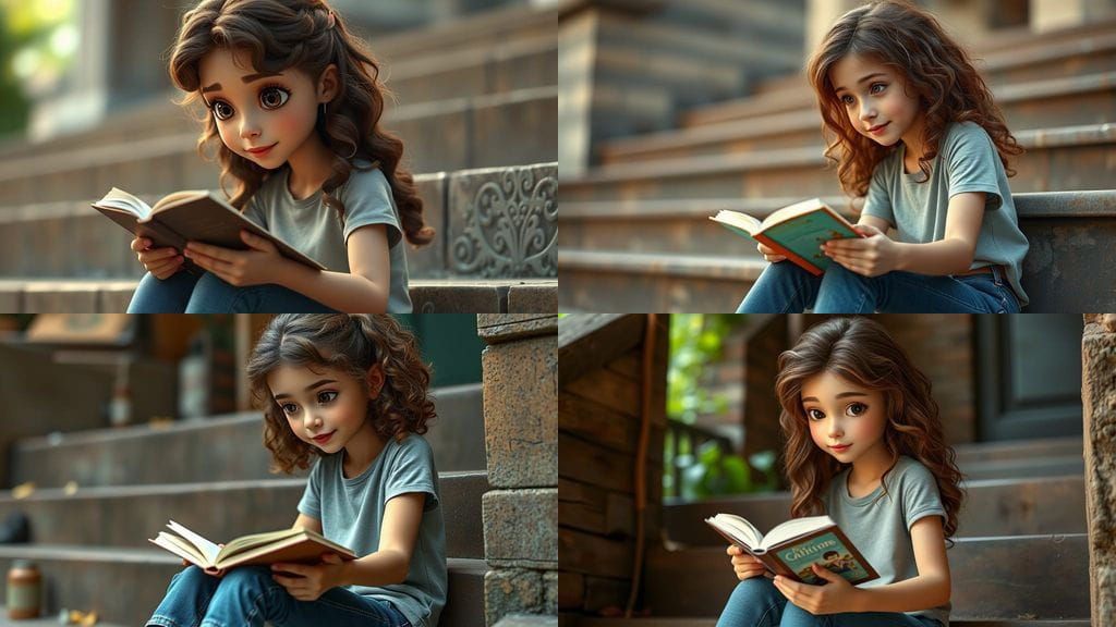 Pixar-Style 3D Girl Reading, Studio Portrait