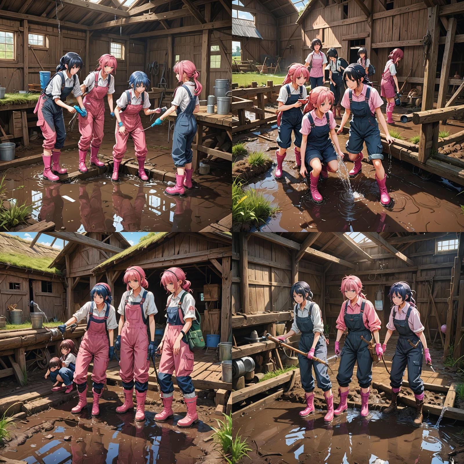 Anime Girls Repairing Pipe on Flooded Farm