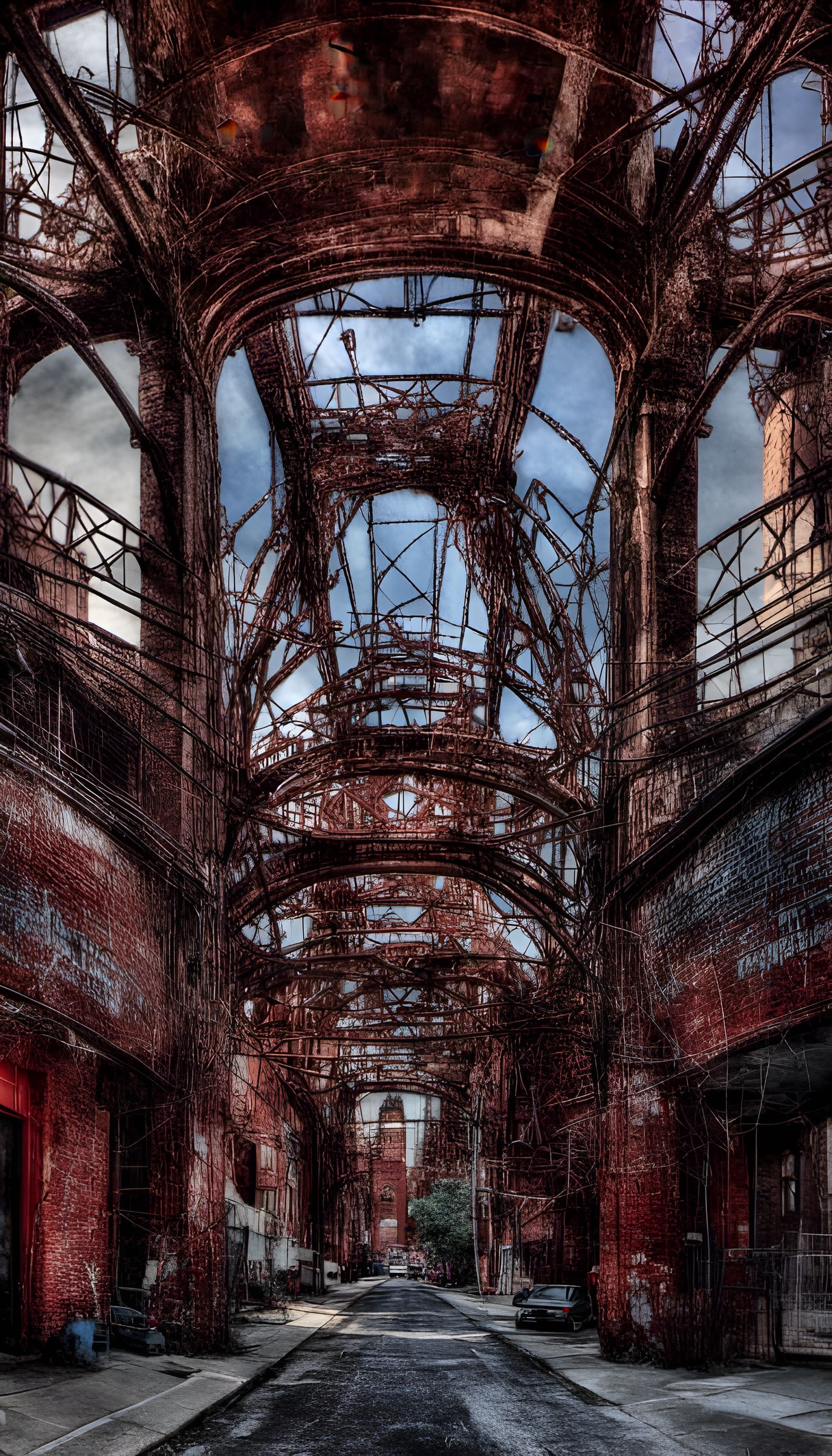 Hyperrealistic Cyberpunk Scene in Muted Reds and Blues