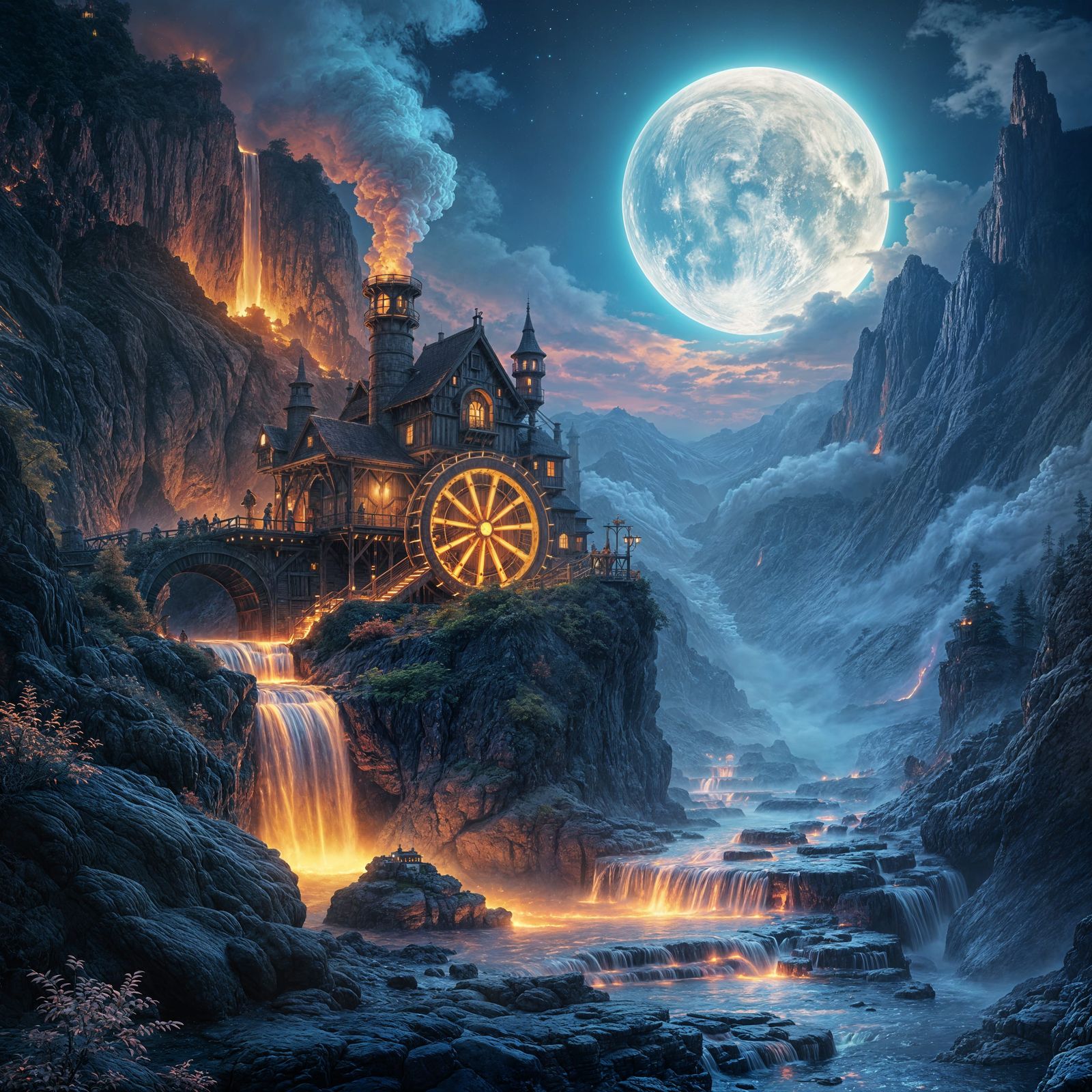 Ethereal Lava Waterwheel Landscape in Triadic Colors