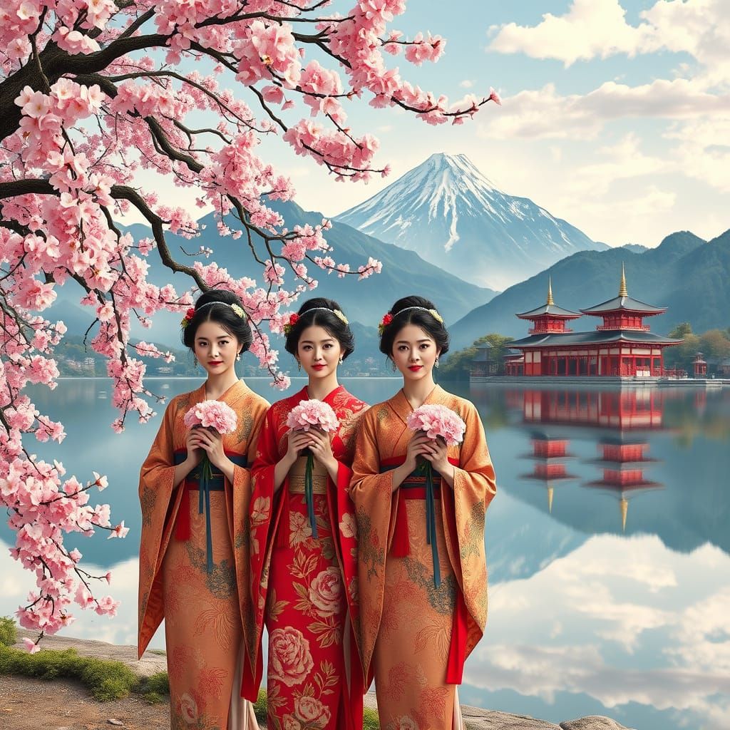 Elegant Women Under Sakura Tree: Art Nouveau Style