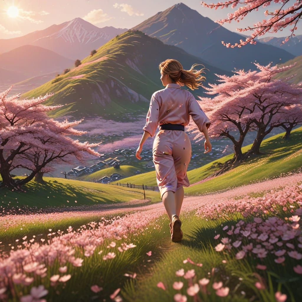Woman Sprinting Through Sakura Field in Cinematic Animation