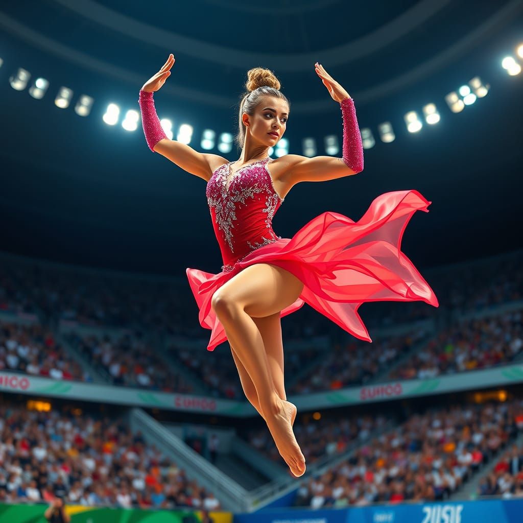 Elegant Blonde Gymnast in Rhythmic Ribbon Routine