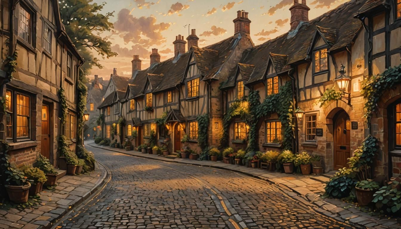 English Village at Twilight as Oil Painting