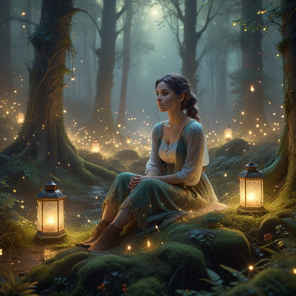 Serene Misty Forest Scene with Glowing Lanterns