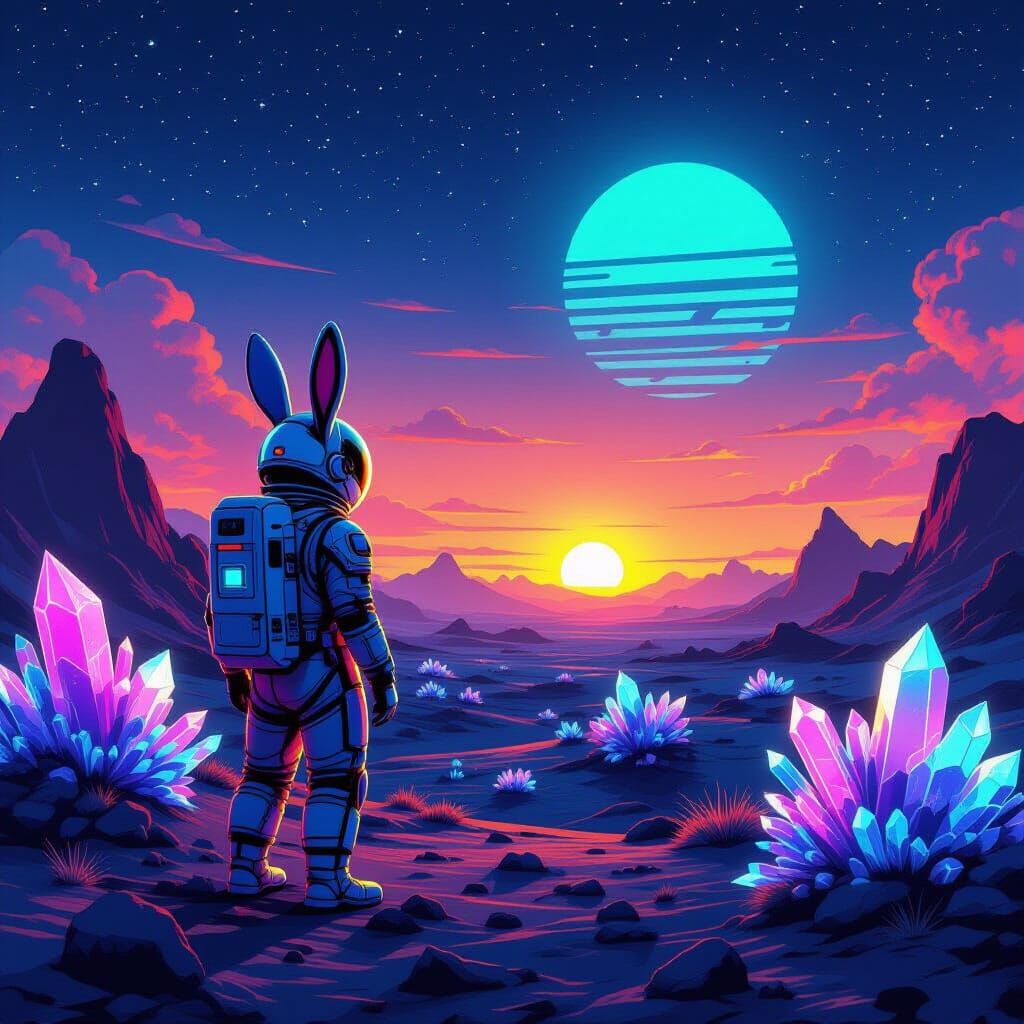 Astronaut Rabbit on Alien Planet with Binary Sunset