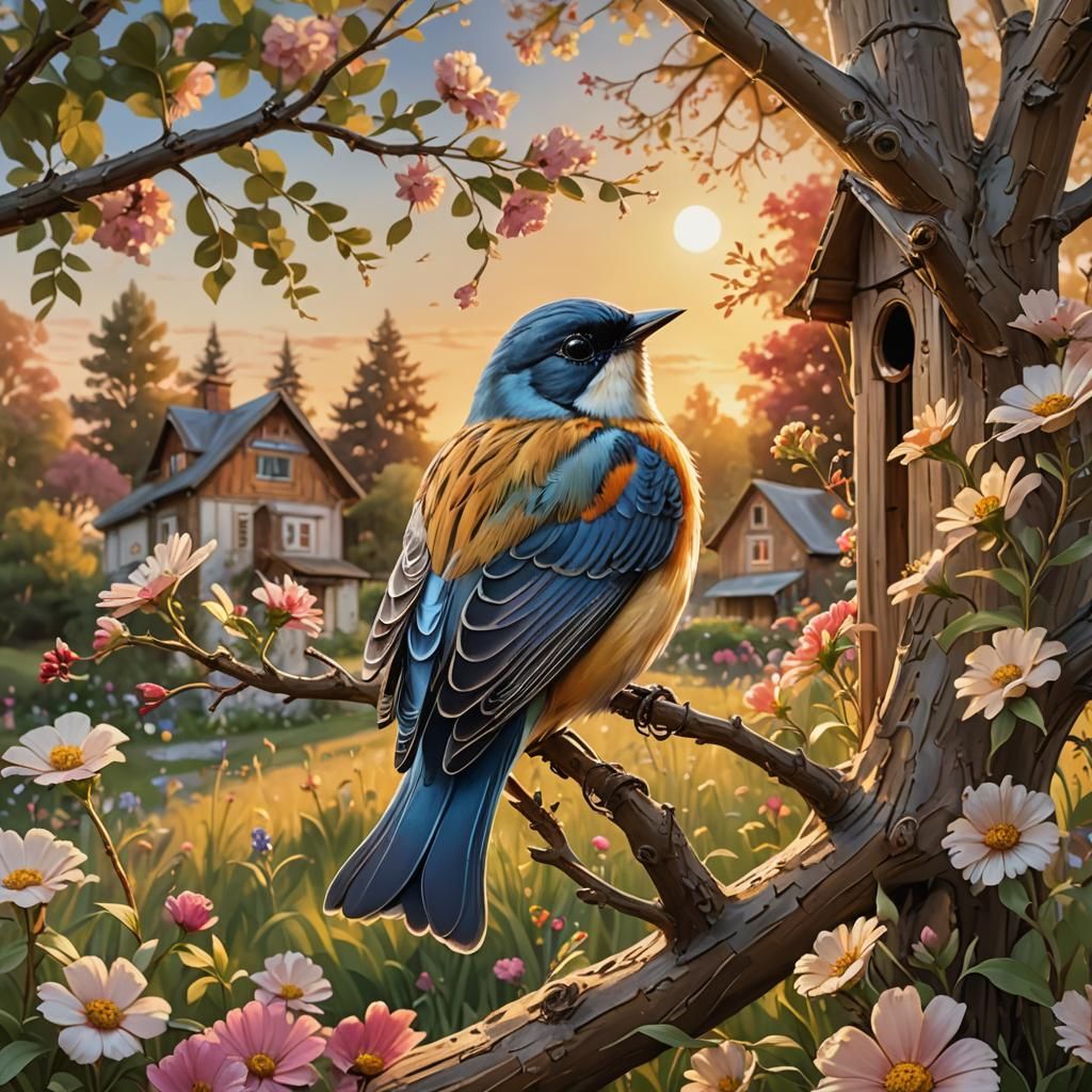 Songbird in Meadow: Hyperrealistic Splash Art
