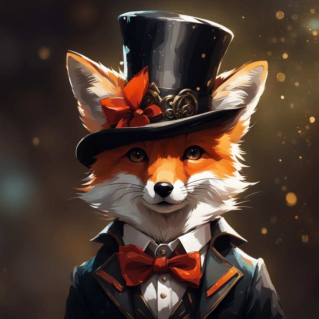 Fox Pup in Top Hat: Detailed Animal Portrait