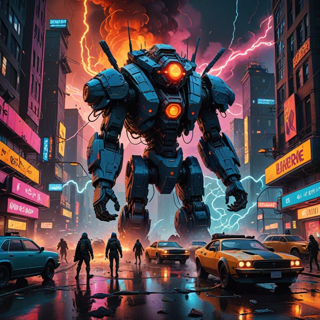 Epic Cyberpunk Battle Scene in Neon-Lit Cityscape