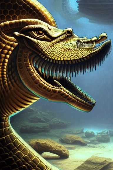 Egyptian God Sobek in Underwater Fantasy Painting