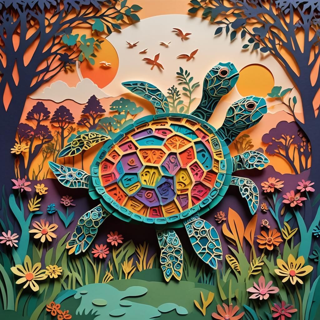 Dancing Turtle Papercut Art at Sunset