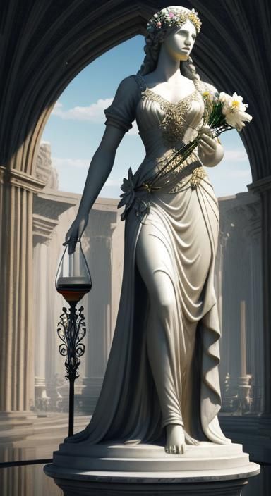 Barefoot Woman as Marble Statue in Flower Garden