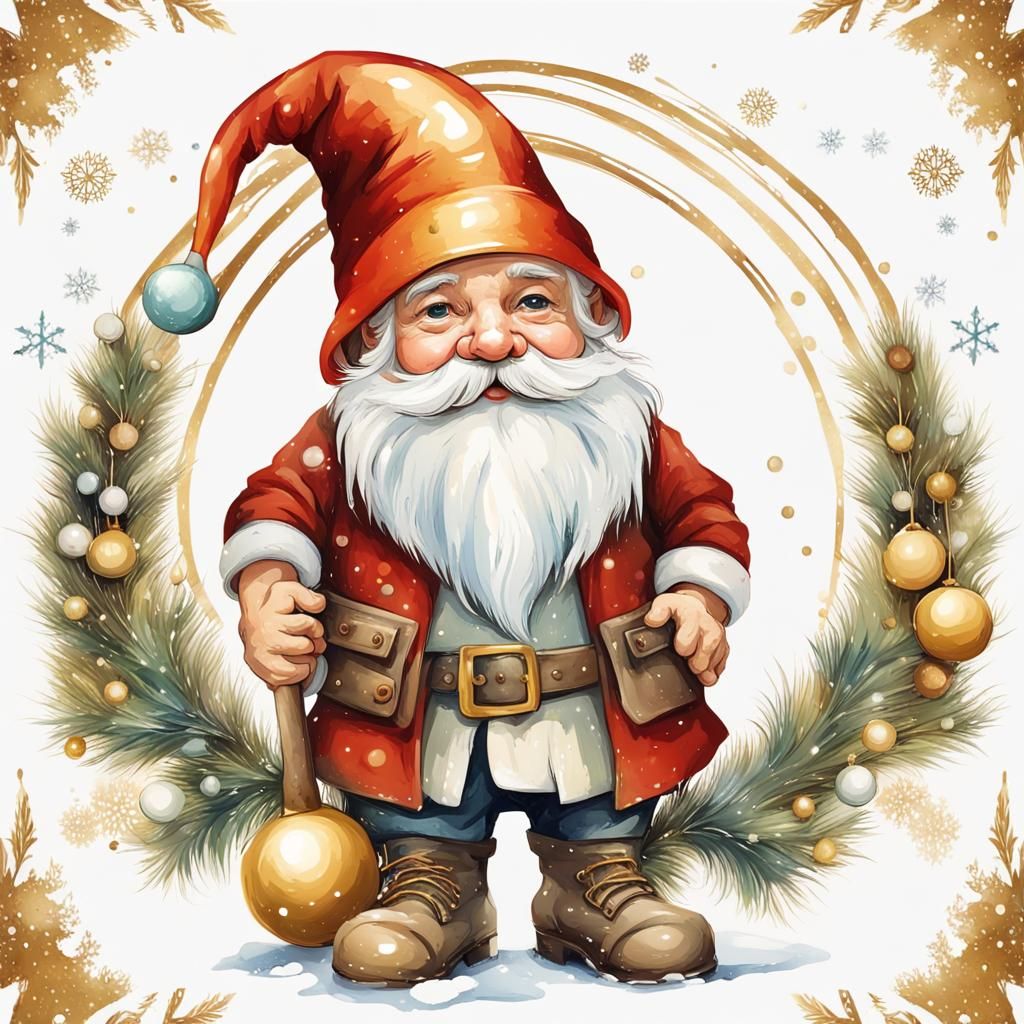 Festive Gnome Watercolor Painting in Art Deco Style
